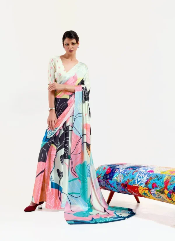 Off white with multicolor digital print on Pure Satin saree