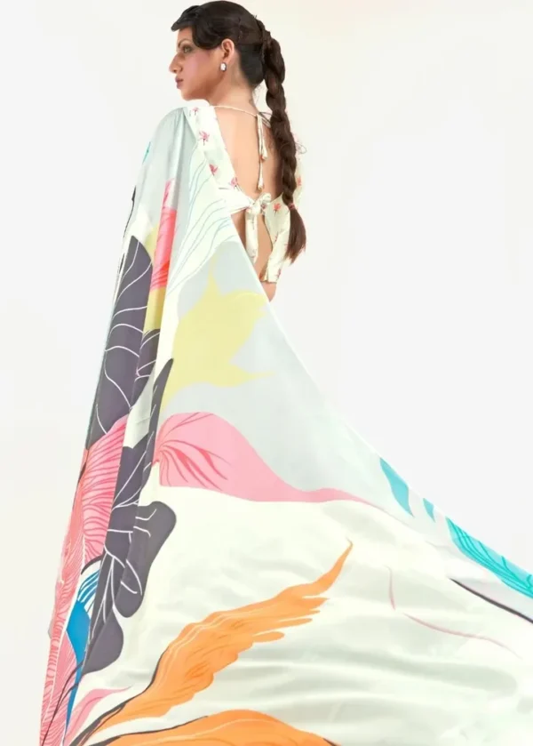 Off white with multicolor digital print on Pure Satin saree