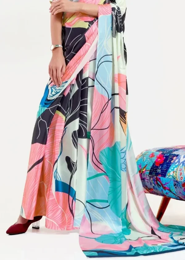 Off white with multicolor digital print on Pure Satin saree