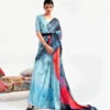 Sky blue with red geometric digital print on Pure Satin saree