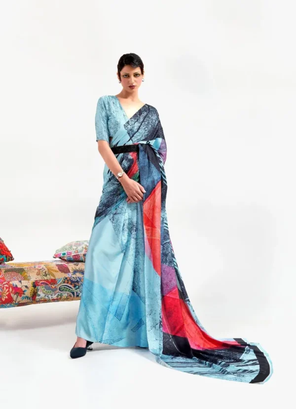Sky blue with red geometric digital print on Pure Satin saree