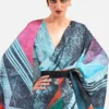 Sky blue with red geometric digital print on Pure Satin saree