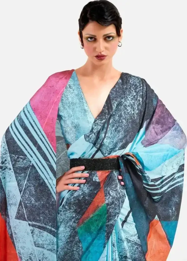 Sky blue with red geometric digital print on Pure Satin saree