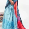 Sky blue with red geometric digital print on Pure Satin saree