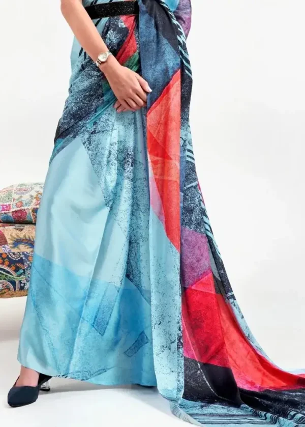 Sky blue with red geometric digital print on Pure Satin saree