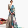 Grey with multicolor geometric digital print on Pure Satin saree