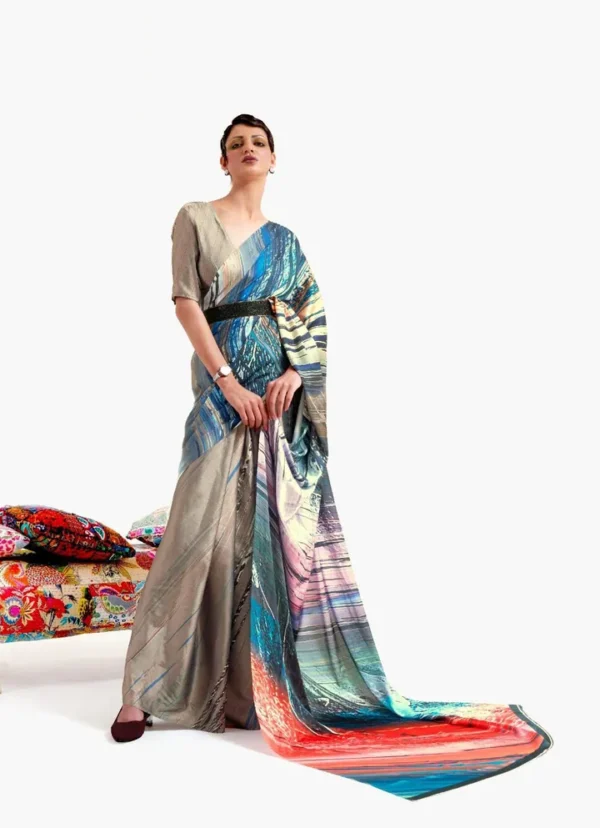 Grey with multicolor geometric digital print on Pure Satin saree