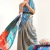 Grey with multicolor geometric digital print on Pure Satin saree