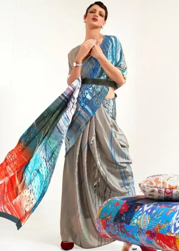 Grey with multicolor geometric digital print on Pure Satin saree