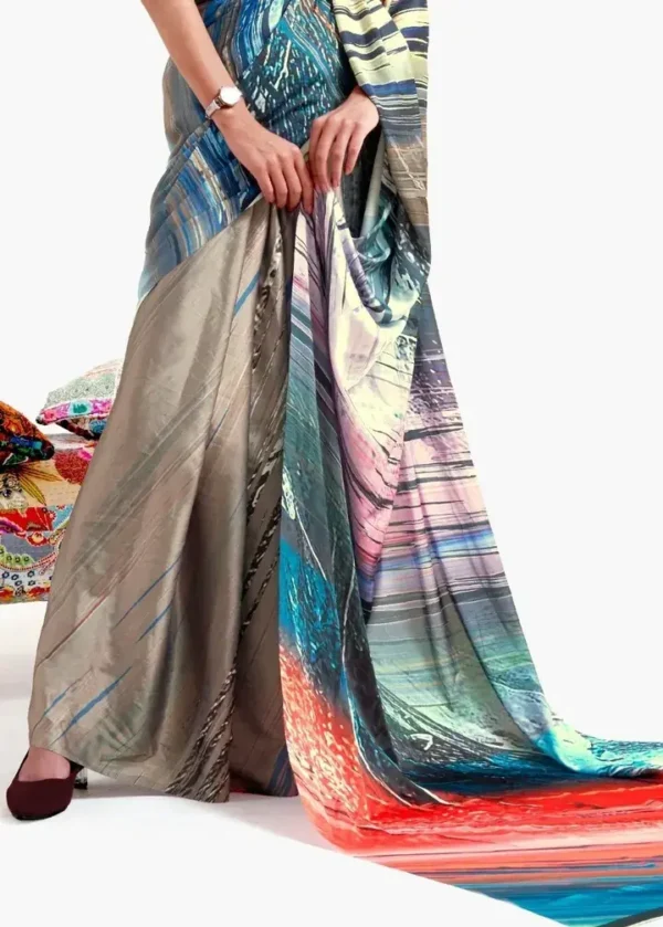 Grey with multicolor geometric digital print on Pure Satin saree