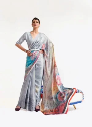 Silver with multicolor anchal digital print Pure Satin saree