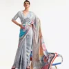 Silver with multicolor anchal digital print Pure Satin saree