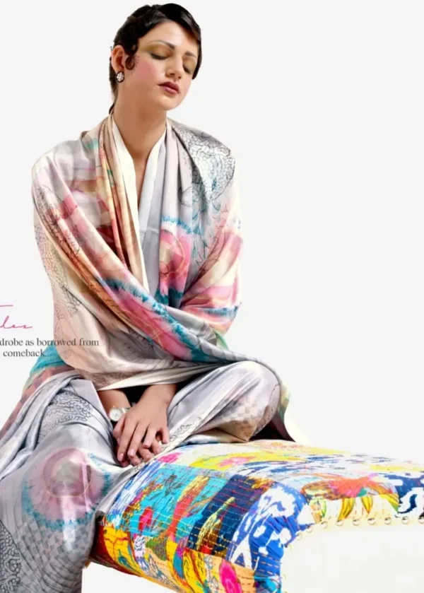 Silver with multicolor anchal digital print Pure Satin saree