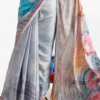 Silver with multicolor anchal digital print Pure Satin saree