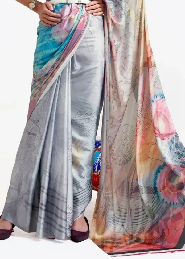 Silver with multicolor anchal digital print Pure Satin saree