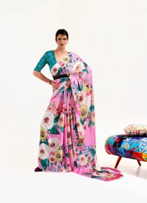 Pink on multicolor floral digital print on Pure Satin saree