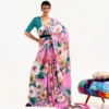 Pink on multicolor floral digital print on Pure Satin saree