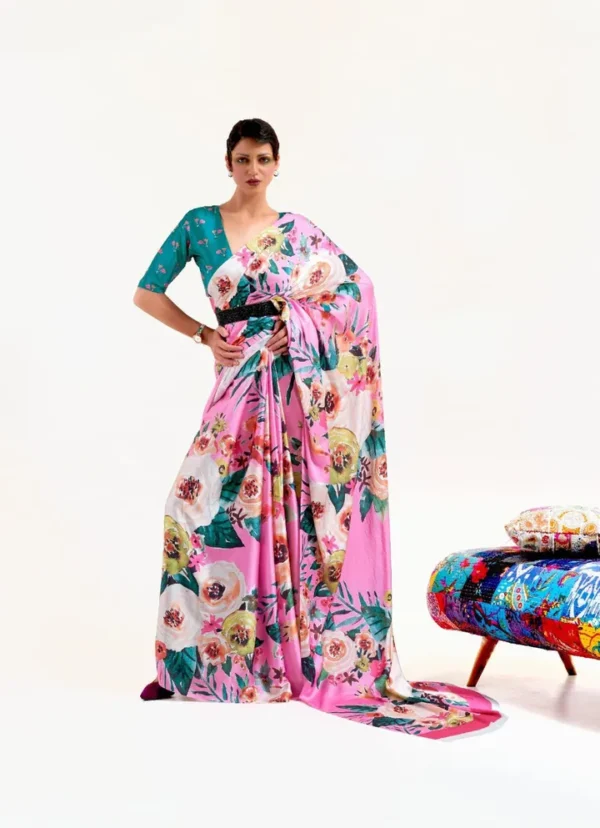 Pink on multicolor floral digital print on Pure Satin saree