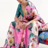 Pink on multicolor floral digital print on Pure Satin saree