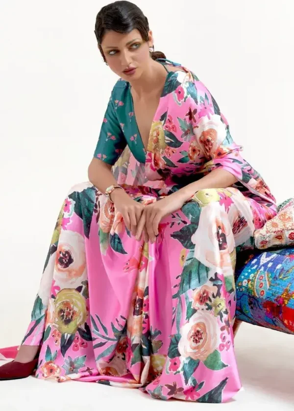 Pink on multicolor floral digital print on Pure Satin saree