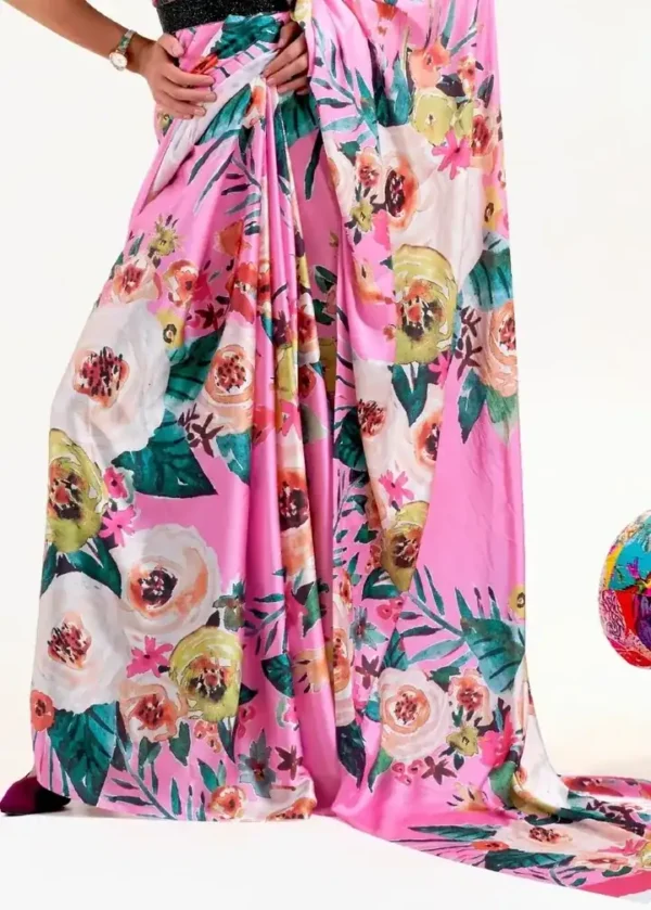 Pink on multicolor floral digital print on Pure Satin saree