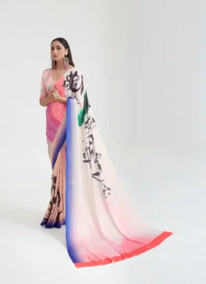 Off white Japanese calligraphy digital print on Pure Satin saree
