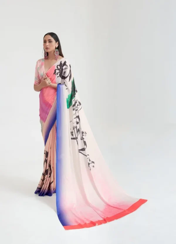 Off white Japanese calligraphy digital print on Pure Satin saree