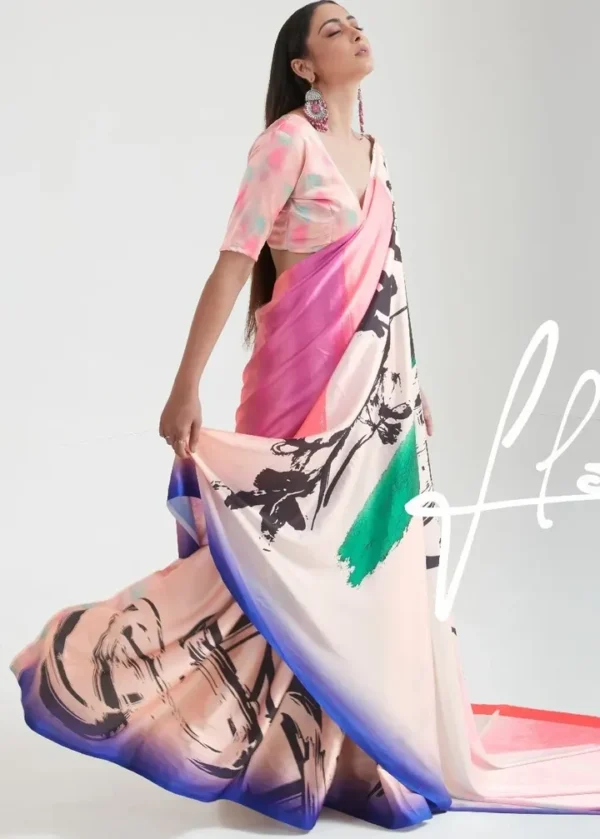 Off white Japanese calligraphy digital print on Pure Satin saree