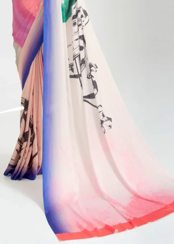 Off white Japanese calligraphy digital print on Pure Satin saree