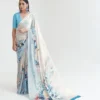 White ,blue watercolor digital print on Pure Satin saree