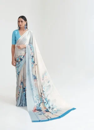 White ,blue watercolor digital print on Pure Satin saree