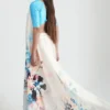 White ,blue watercolor digital print on Pure Satin saree