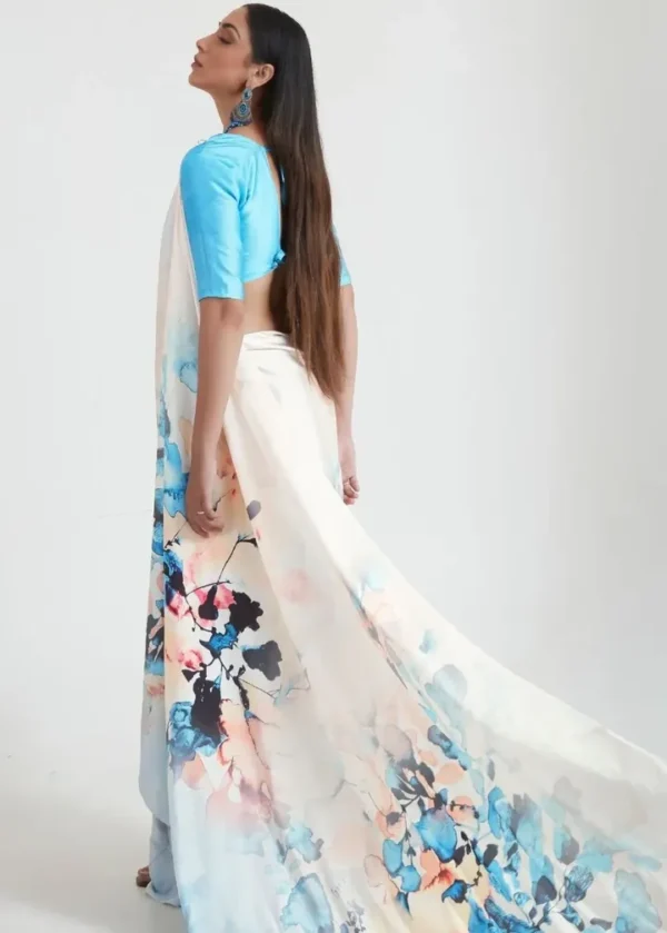 White ,blue watercolor digital print on Pure Satin saree
