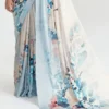 White ,blue watercolor digital print on Pure Satin saree