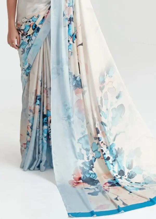 White ,blue watercolor digital print on Pure Satin saree
