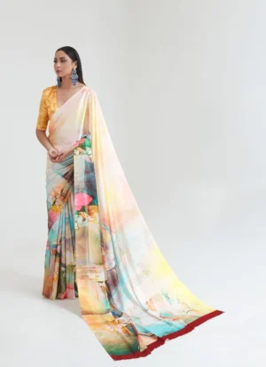 White ,yellow watercolor digital print on Pure Satin saree