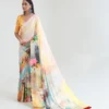 White ,yellow watercolor digital print on Pure Satin saree