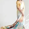 White ,yellow watercolor digital print on Pure Satin saree