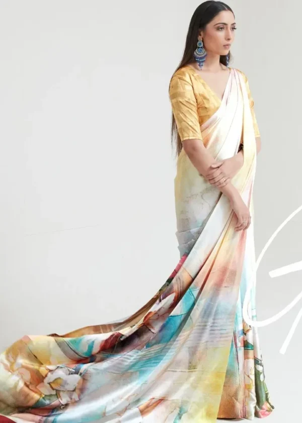 White ,yellow watercolor digital print on Pure Satin saree