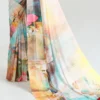 White ,yellow watercolor digital print on Pure Satin saree