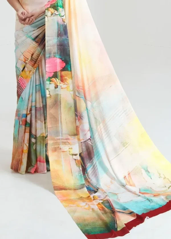 White ,yellow watercolor digital print on Pure Satin saree