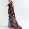 Sky blue with chocolate anchal digital print on Pure Satin saree