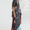 Sky blue with chocolate anchal digital print on Pure Satin saree