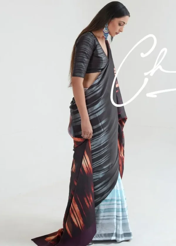 Sky blue with chocolate anchal digital print on Pure Satin saree