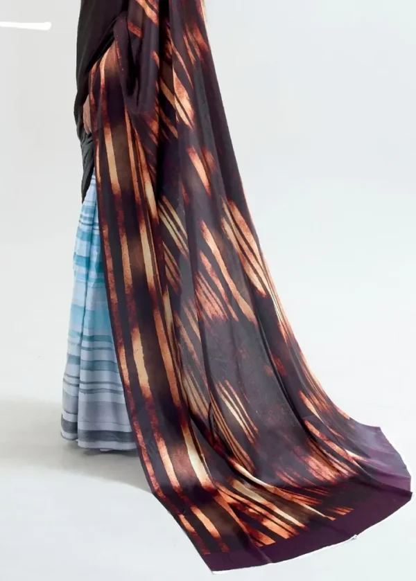 Sky blue with chocolate anchal digital print on Pure Satin saree