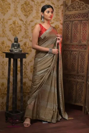 Sap Green Shimmer Stone work Border Pure crape silk Saree