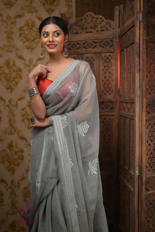 Grey on Rose Embroidery Work Pure Organza saree
