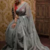 Grey on Rose Embroidery Work Pure Organza saree
