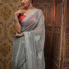 Grey on Rose Embroidery Work Pure Organza saree
