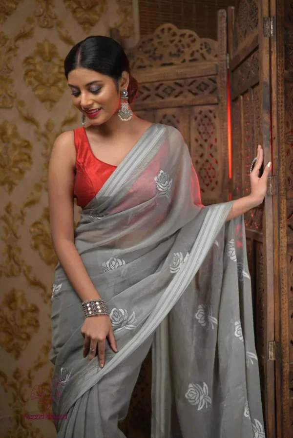 Grey on Rose Embroidery Work Pure Organza saree